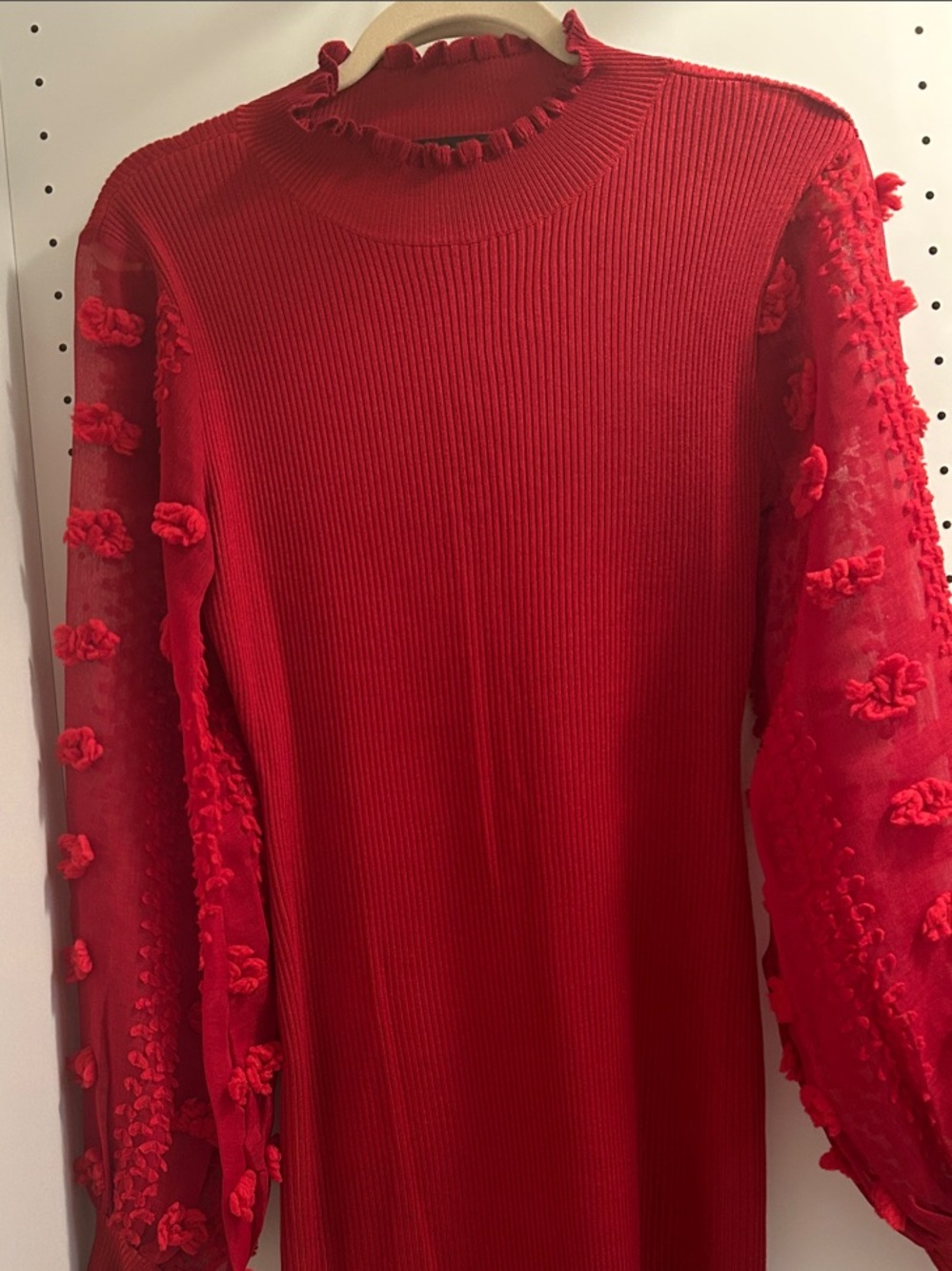 Almost Famous Red Ribbed Knit Maxi Dress with Floral Appliqué Sheer Sleeves